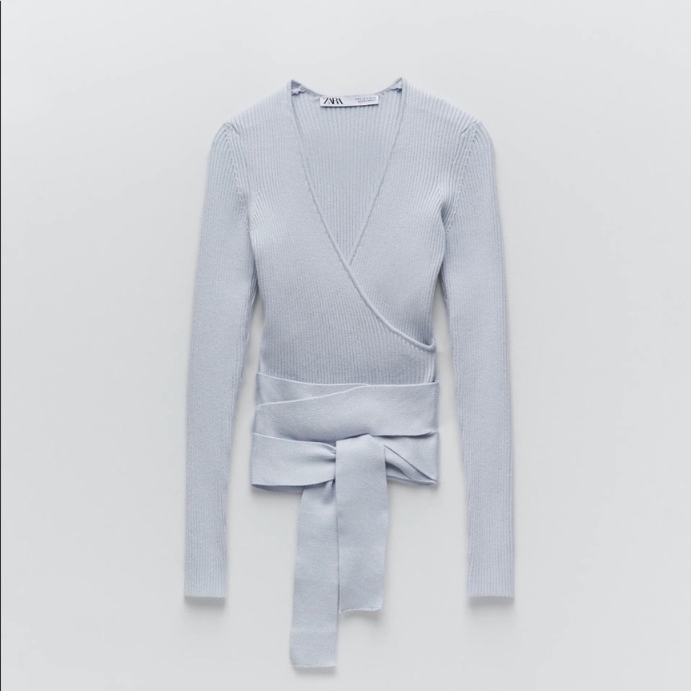 NWT• ZARA Rib Knit Wrap Sweater Top | Light Blue Tie Front Cropped Cardigan L